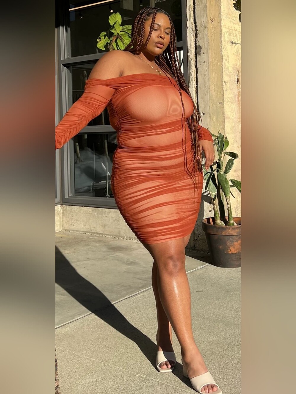 Fashion Nova Rust Off-Shoulder Ruched Mini Dress - Picture 2 of 6